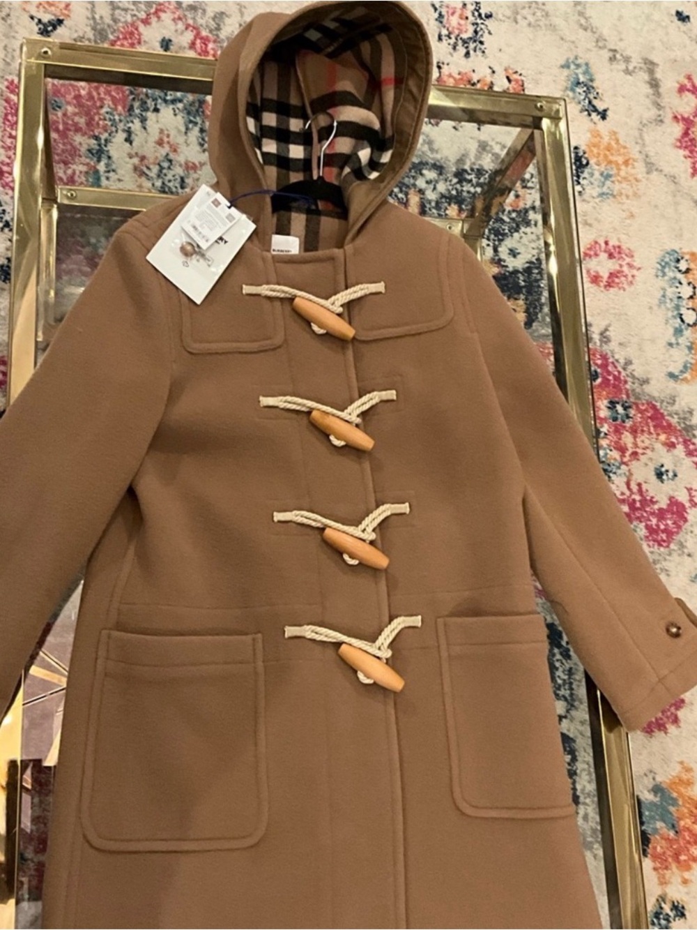 BurberryCamel Toggle Duffle Coat with Plaid Hood Lining
